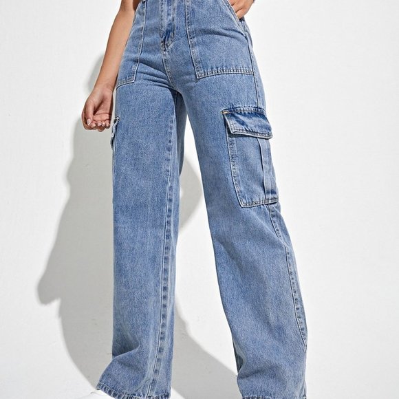 MODA ME COUTURE Denim - Casual High Waist Flap Pocket Side Cargo Jeans Light Wash